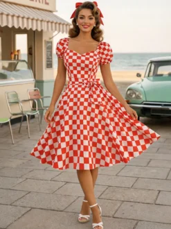 Robe Glamour rétro col en cœur manches bouffantes pois robes longues décontractées