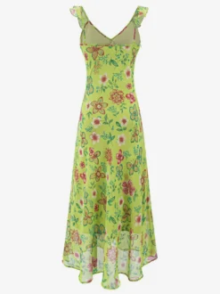 Robe imprimée rouge à fleurs sans manches col V et taille haute pour femme.