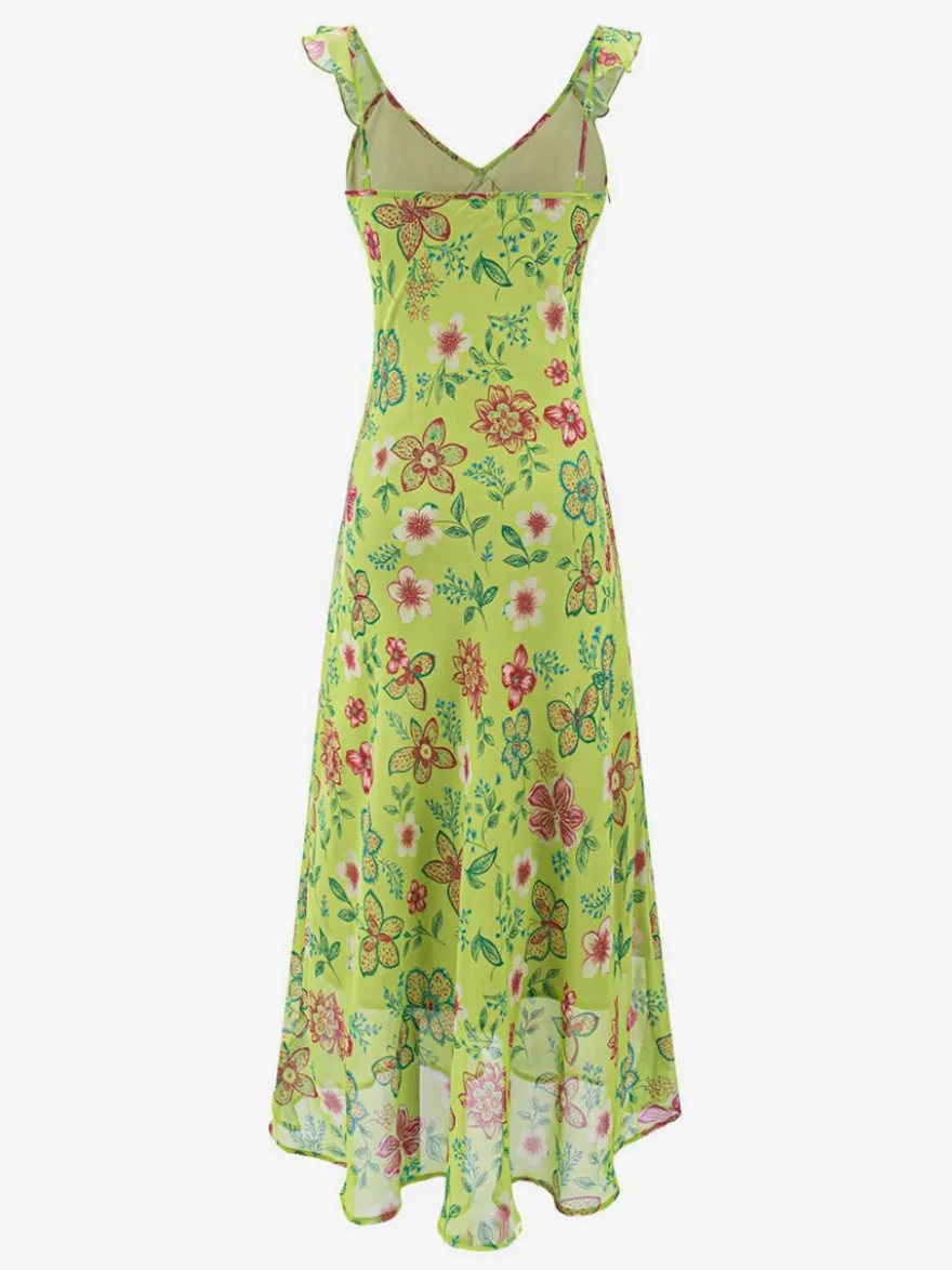 Robe imprimée rouge à fleurs sans manches col V et taille haute pour femme.