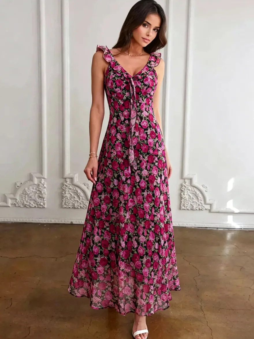Robe imprimée rouge à fleurs sans manches col V et taille haute pour femme.
