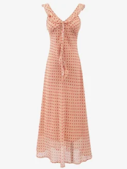 Robe imprimée rouge à fleurs sans manches col V et taille haute pour femme.