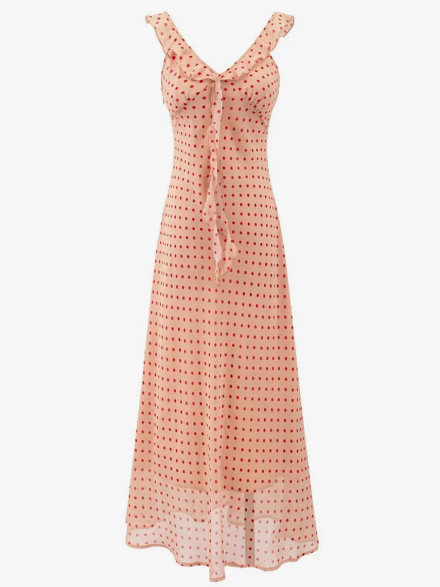 Robe imprimée rouge à fleurs sans manches col V et taille haute pour femme.