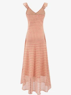 Robe imprimée rouge à fleurs sans manches col V et taille haute pour femme.