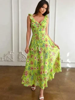 Robe imprimée rouge à fleurs sans manches col V et taille haute pour femme.