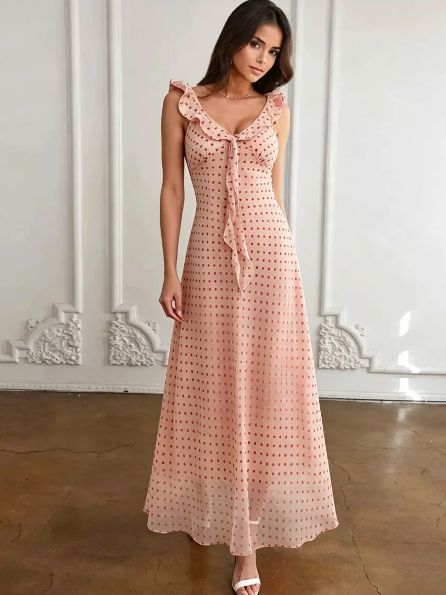 Robe imprimée rouge à fleurs sans manches col V et taille haute pour femme.