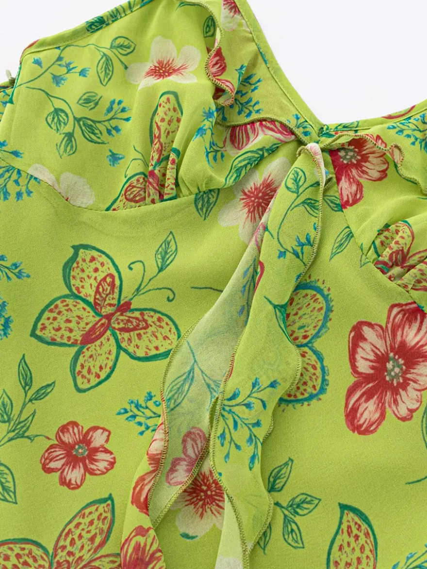 Robe imprimée rouge à fleurs sans manches col V et taille haute pour femme.