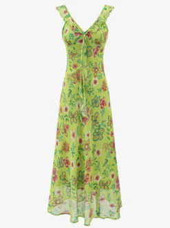 Robe imprimée rouge à fleurs sans manches col V et taille haute pour femme.