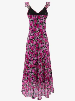 Robe imprimée rouge à fleurs sans manches col V et taille haute pour femme.