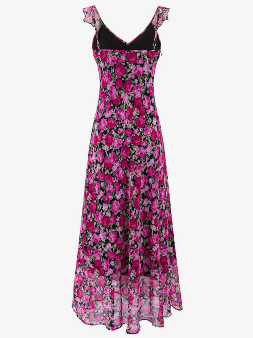 Robe imprimée rouge à fleurs sans manches col V et taille haute pour femme.