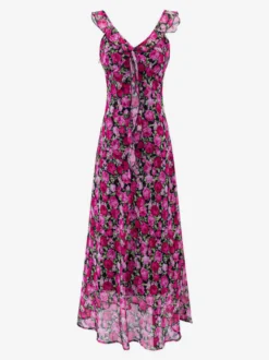Robe imprimée rouge à fleurs sans manches col V et taille haute pour femme.