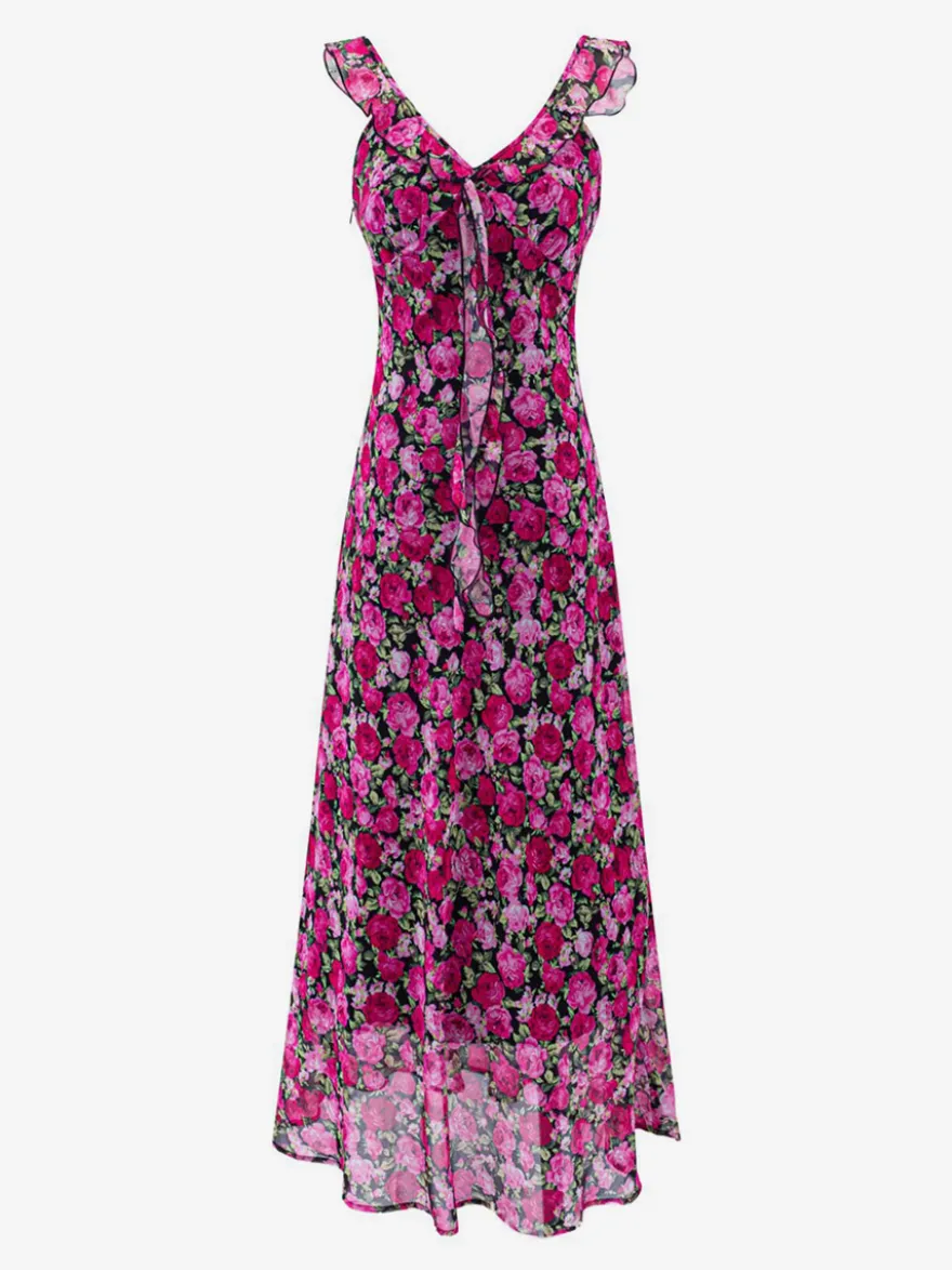 Robe imprimée rouge à fleurs sans manches col V et taille haute pour femme.