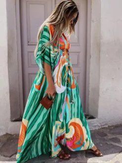 Robe kaftan géométrique pour femme - Robe maxi bohème à taille haute fendue et cordon de serrage - Tenue d'été pour la plage 2026