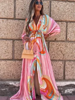 Robe kaftan géométrique pour femme - Robe maxi bohème à taille haute fendue et cordon de serrage - Tenue d'été pour la plage 2026