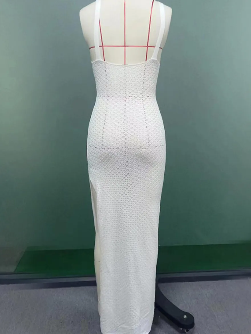 Robe longue blanche en crochet pour femme - Robe moulante bohème à col en V sans manches et fente latérale - Idéale pour l'été et les vacances à la plage (collection 2026)