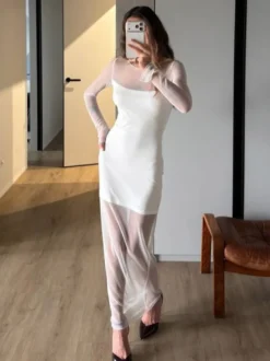 Robe longue blanche à manches longues et col rond pour femme taille naturelle style Daily Dresses