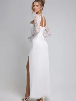 Robe longue blanche moulante sexy à manches longues et fente haute en dentelle pour femme 2026