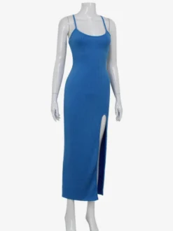 Robe longue bleue à bretelles spaghetti et fente haute pour femme - Robe moulante sexy - Idéale pour les vacances d'été à la plage 2026
