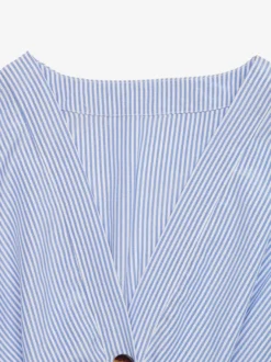 Robe longue bleue pour femme manches courtes col en V taille naturelle et jolis boutons.