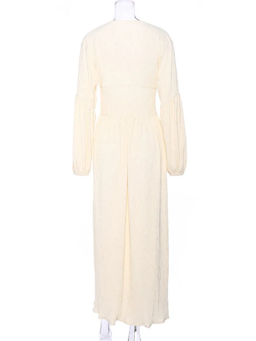 Robe longue bohème à col V - Manches bouffantes boutons sur le devant fente haute - Idéale pour les vacances de printemps à la plage 2026