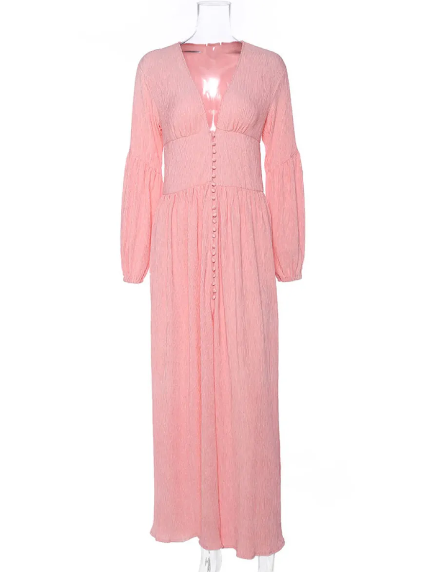Robe longue bohème à col V - Manches bouffantes boutons sur le devant fente haute - Idéale pour les vacances de printemps à la plage 2026