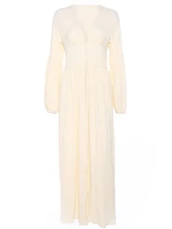 Robe longue bohème à col V - Manches bouffantes boutons sur le devant fente haute - Idéale pour les vacances de printemps à la plage 2026