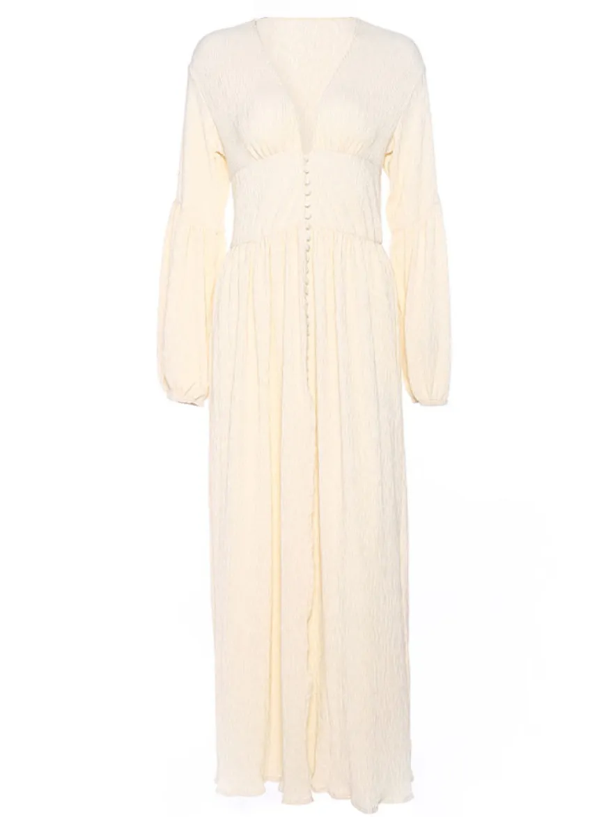 Robe longue bohème à col V - Manches bouffantes boutons sur le devant fente haute - Idéale pour les vacances de printemps à la plage 2026