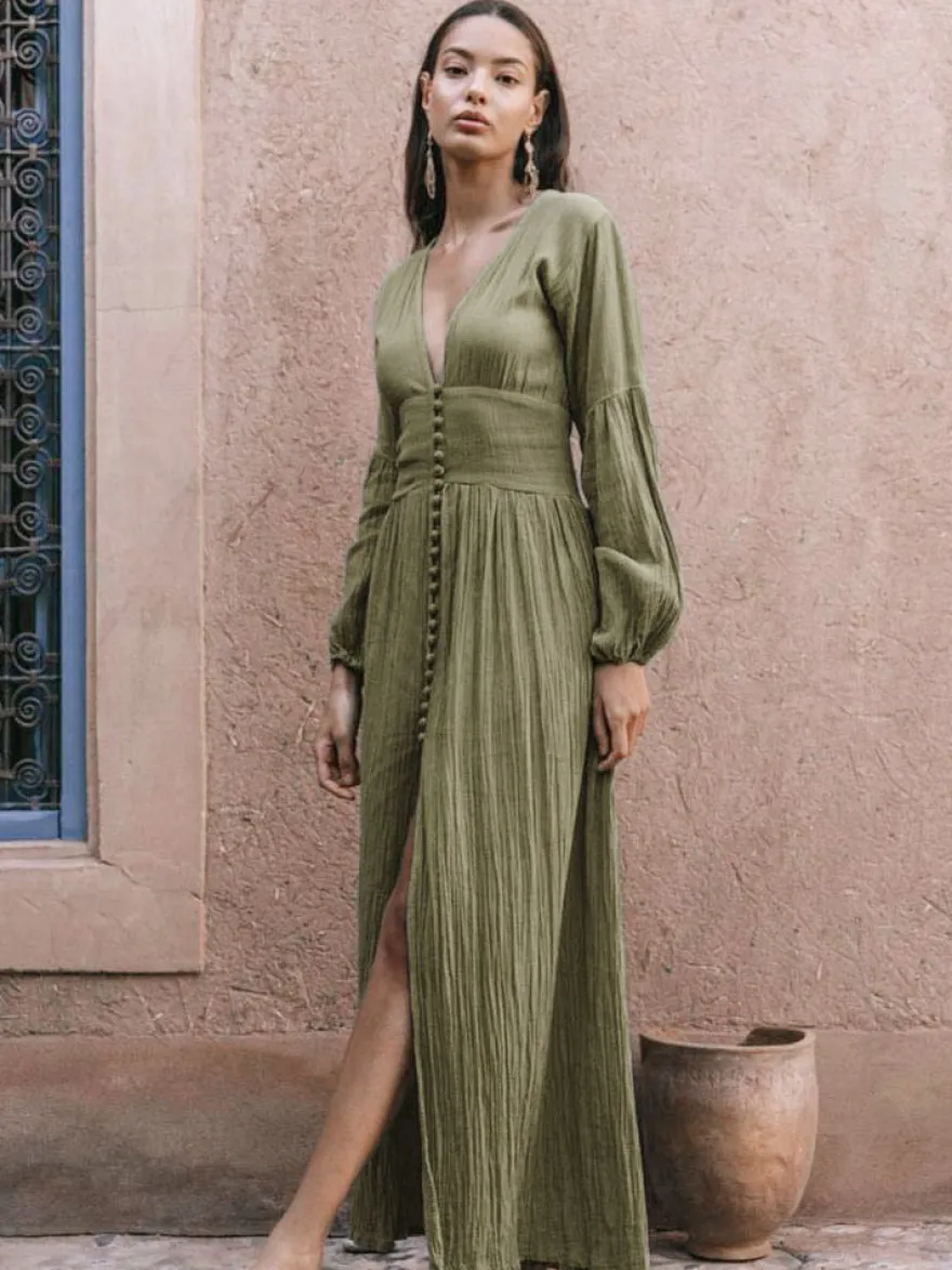 Robe longue bohème à col V - Manches bouffantes boutons sur le devant fente haute - Idéale pour les vacances de printemps à la plage 2026