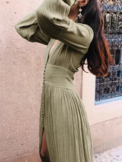 Robe longue bohème à col V - Manches bouffantes boutons sur le devant fente haute - Idéale pour les vacances de printemps à la plage 2026