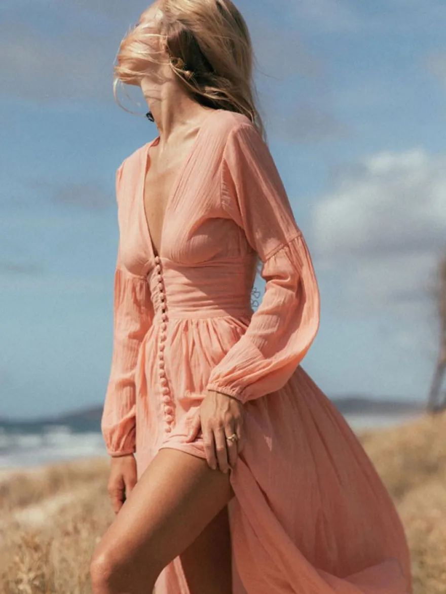 Robe longue bohème à col V - Manches bouffantes boutons sur le devant fente haute - Idéale pour les vacances de printemps à la plage 2026
