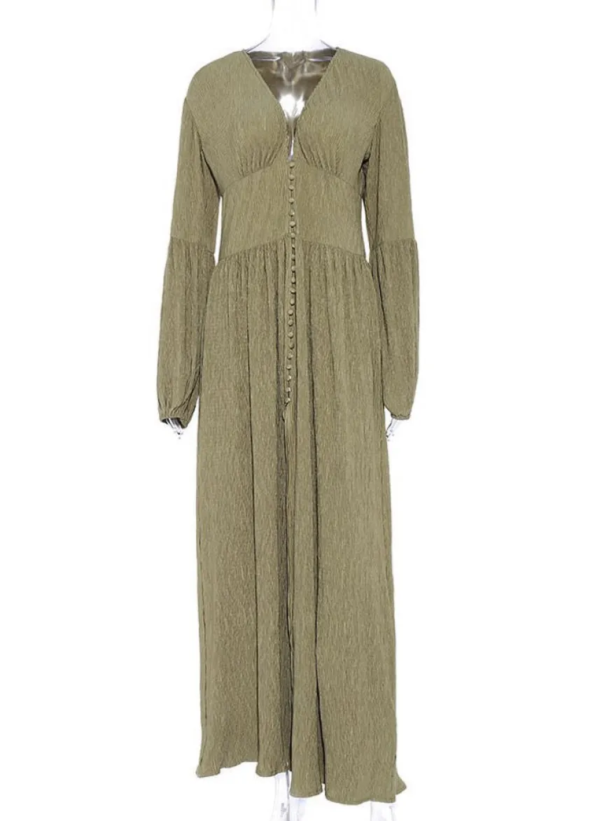 Robe longue bohème à col V - Manches bouffantes boutons sur le devant fente haute - Idéale pour les vacances de printemps à la plage 2026
