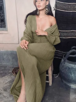 Robe longue bohème à col V - Manches bouffantes boutons sur le devant fente haute - Idéale pour les vacances de printemps à la plage 2026