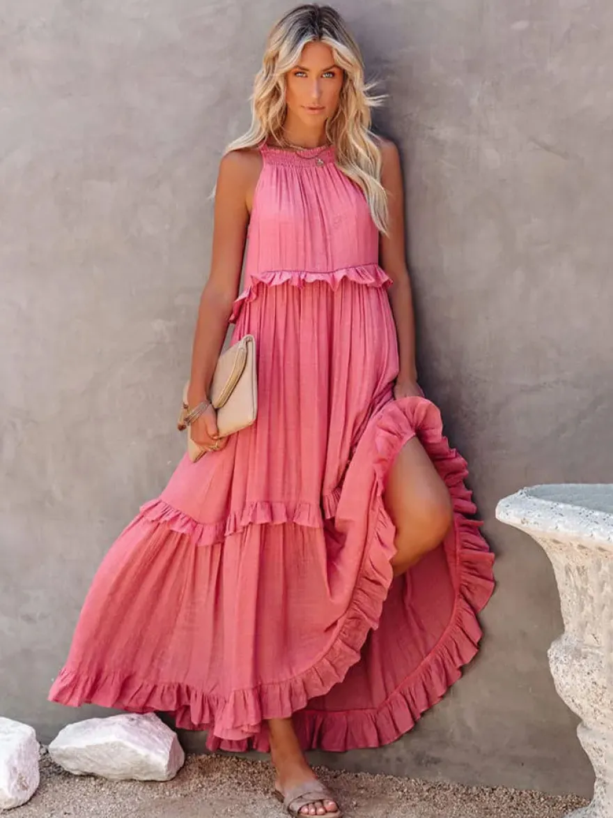 Robe longue bohème dos nu à volants pour femme - Robe d'été fluide à volants - Vacances d'été à la plage 2026