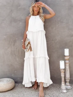 Robe longue bohème dos nu à volants pour femme - Robe d'été fluide à volants - Vacances d'été à la plage 2026