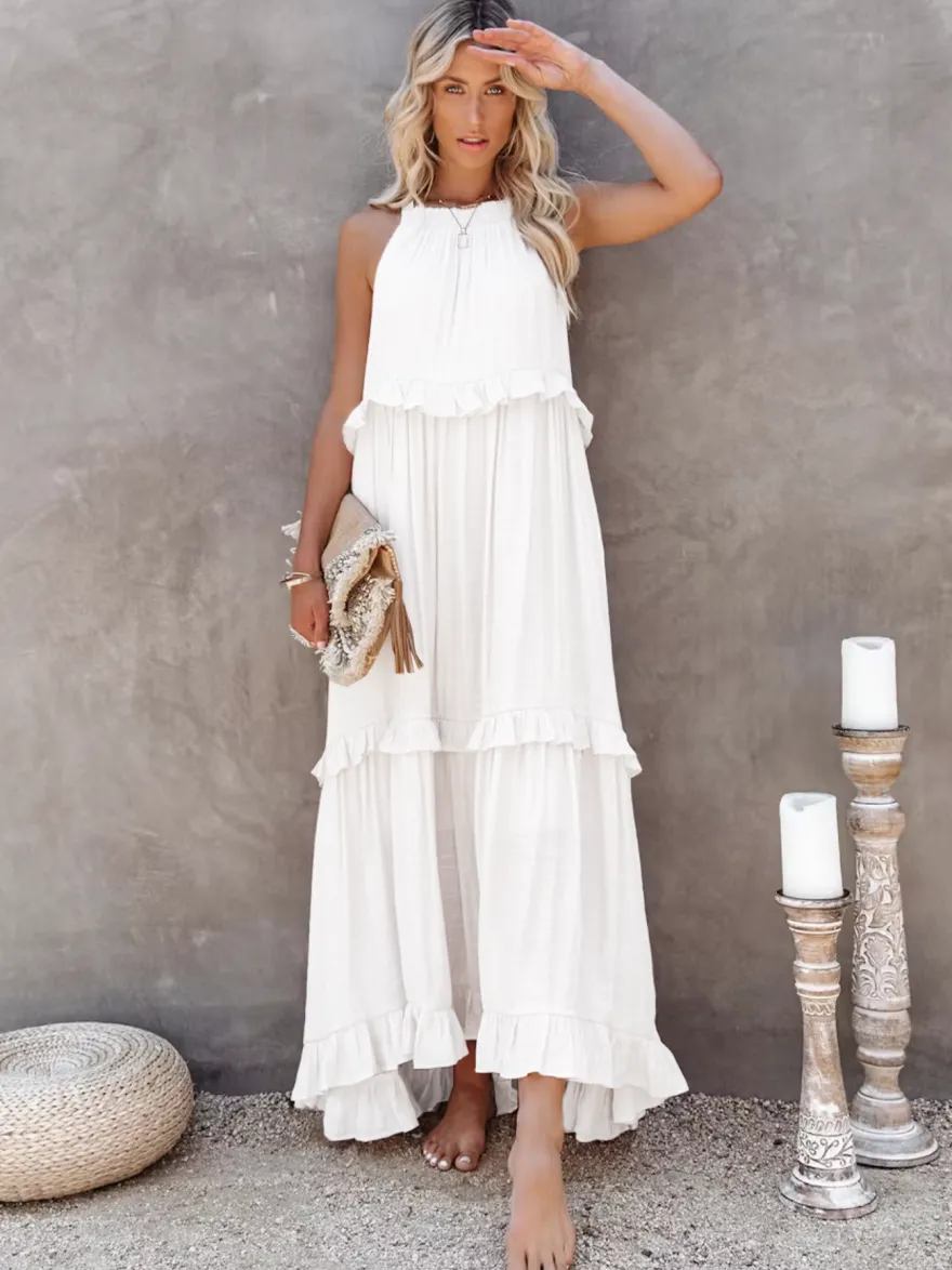 Robe longue bohème dos nu à volants pour femme - Robe d'été fluide à volants - Vacances d'été à la plage 2026
