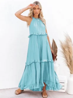 Robe longue bohème dos nu à volants pour femme - Robe d'été fluide à volants - Vacances d'été à la plage 2026
