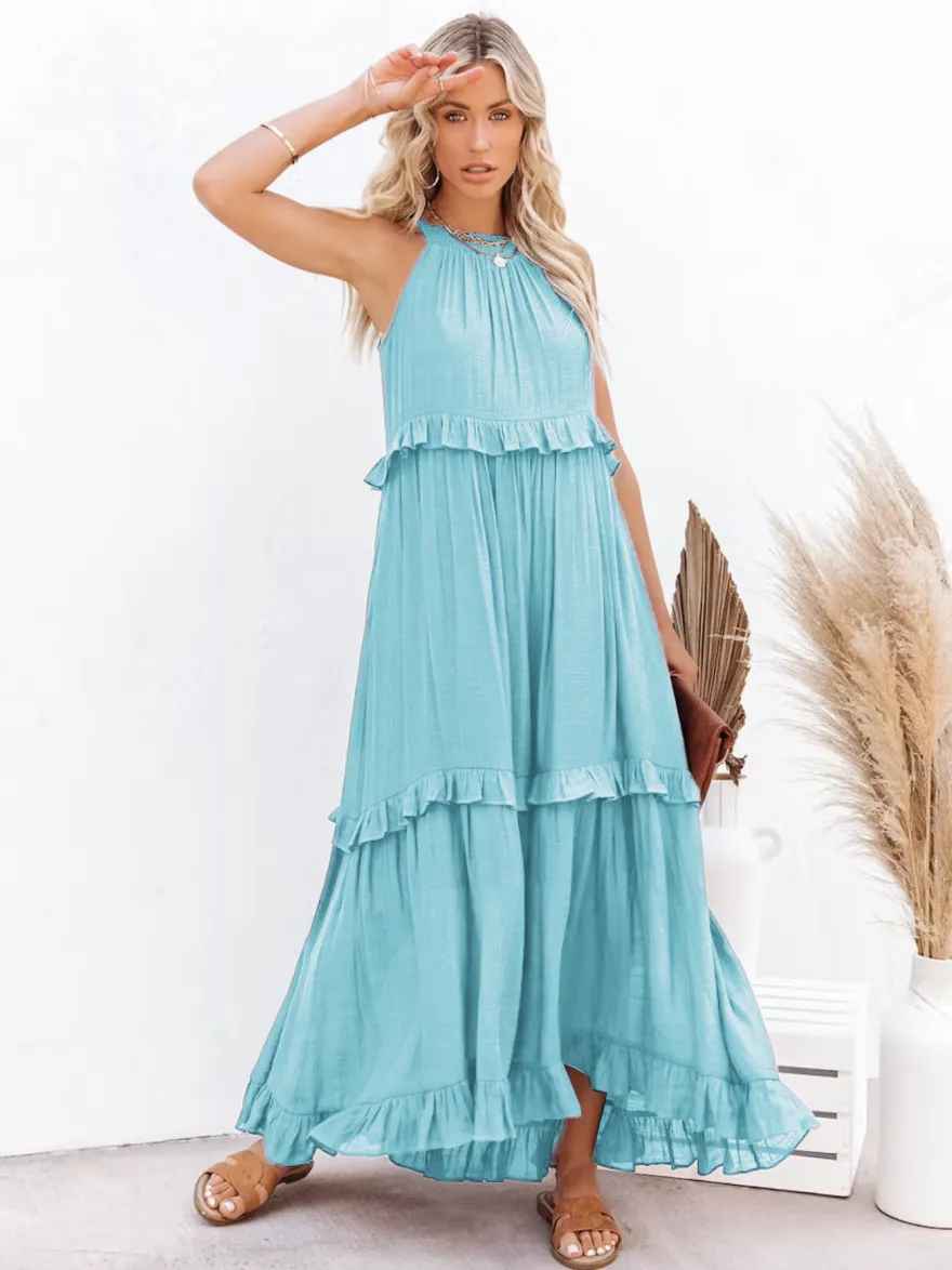 Robe longue bohème dos nu à volants pour femme - Robe d'été fluide à volants - Vacances d'été à la plage 2026