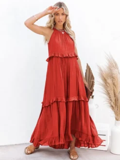 Robe longue bohème dos nu à volants pour femme - Robe d'été fluide à volants - Vacances d'été à la plage 2026