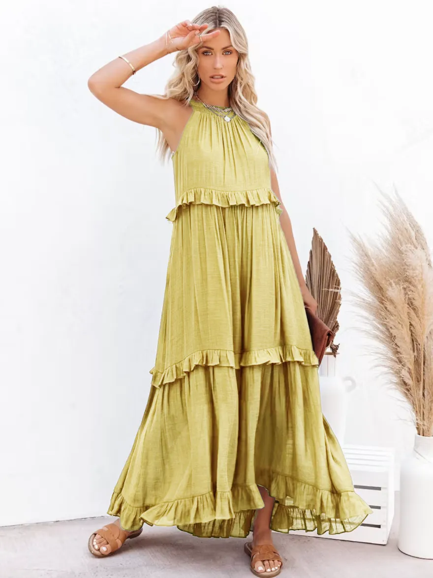 Robe longue bohème dos nu à volants pour femme - Robe d'été fluide à volants - Vacances d'été à la plage 2026