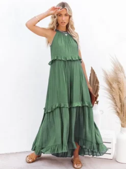 Robe longue bohème dos nu à volants pour femme - Robe d'été fluide à volants - Vacances d'été à la plage 2026