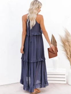 Robe longue bohème dos nu à volants pour femme - Robe d'été fluide à volants - Vacances d'été à la plage 2026