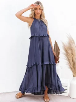Robe longue bohème dos nu à volants pour femme - Robe d'été fluide à volants - Vacances d'été à la plage 2026