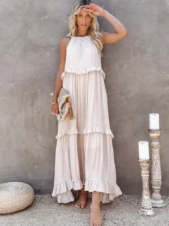 Robe longue bohème dos nu à volants pour femme - Robe d'été fluide à volants - Vacances d'été à la plage 2026