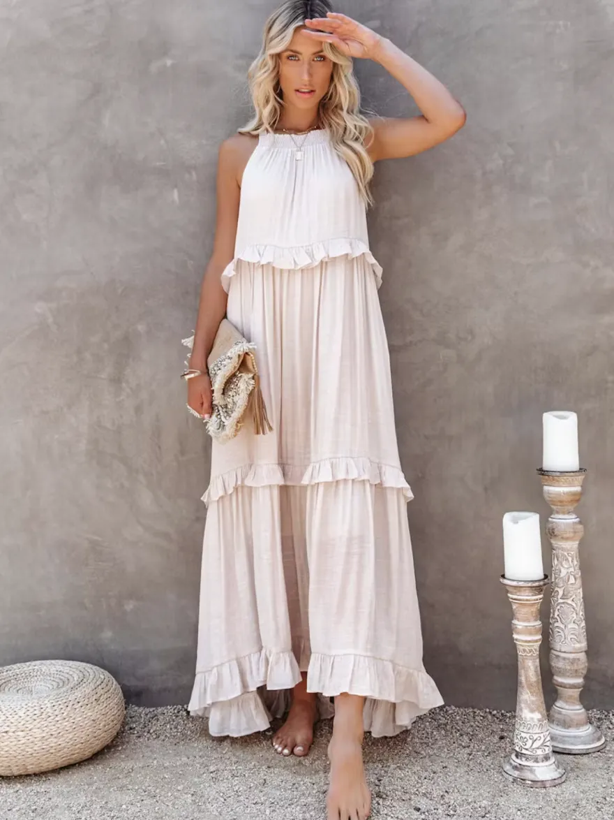 Robe longue bohème dos nu à volants pour femme - Robe d'été fluide à volants - Vacances d'été à la plage 2026