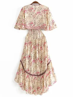 Robe longue bohème fleurie asymétrique pour femme - Rose crème découpes nœud sur le devant manches papillon - Été 2026