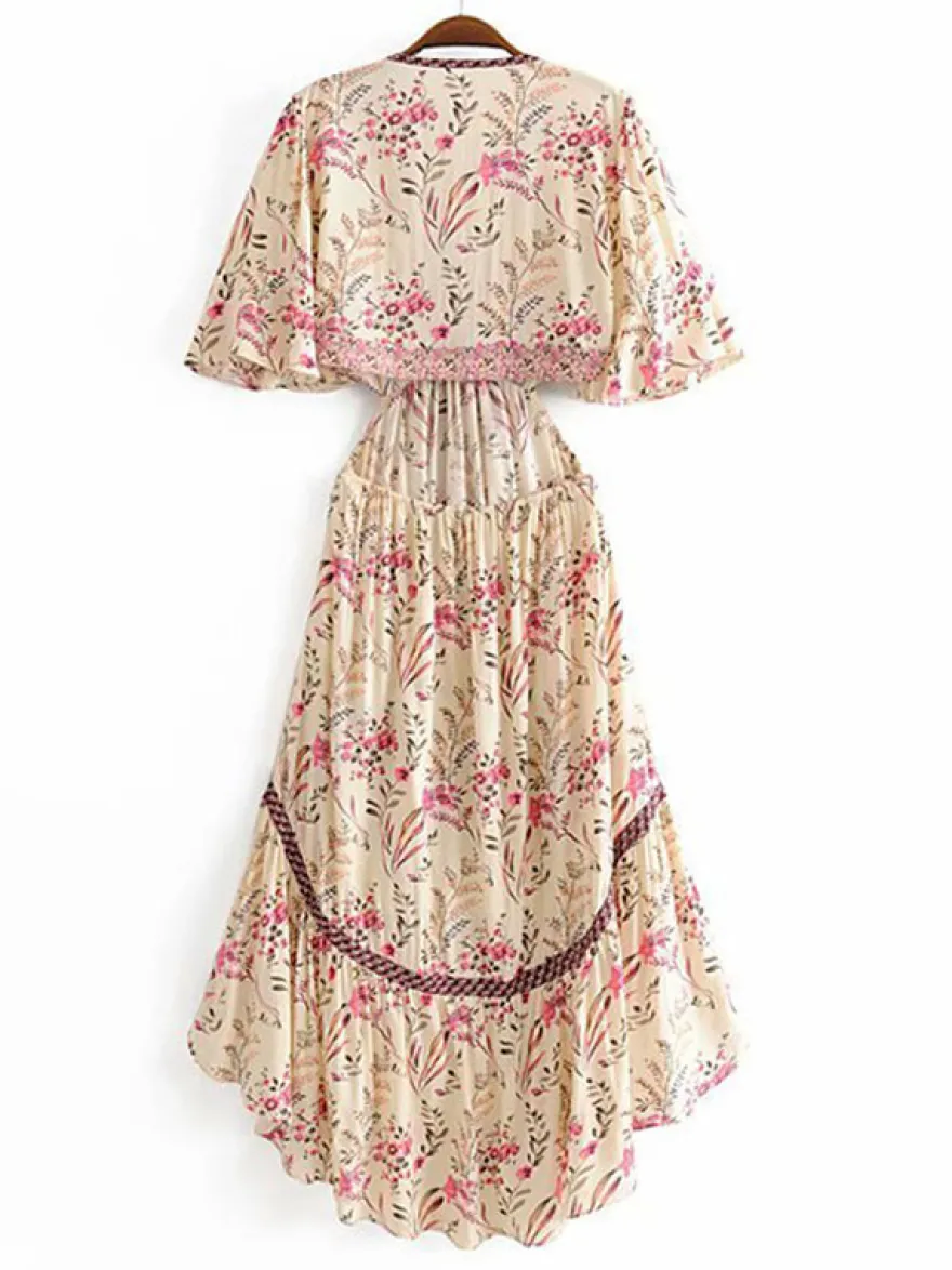 Robe longue bohème fleurie asymétrique pour femme - Rose crème découpes nœud sur le devant manches papillon - Été 2026