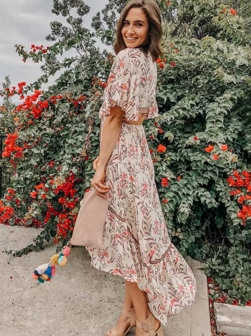 Robe longue bohème fleurie asymétrique pour femme - Rose crème découpes nœud sur le devant manches papillon - Été 2026