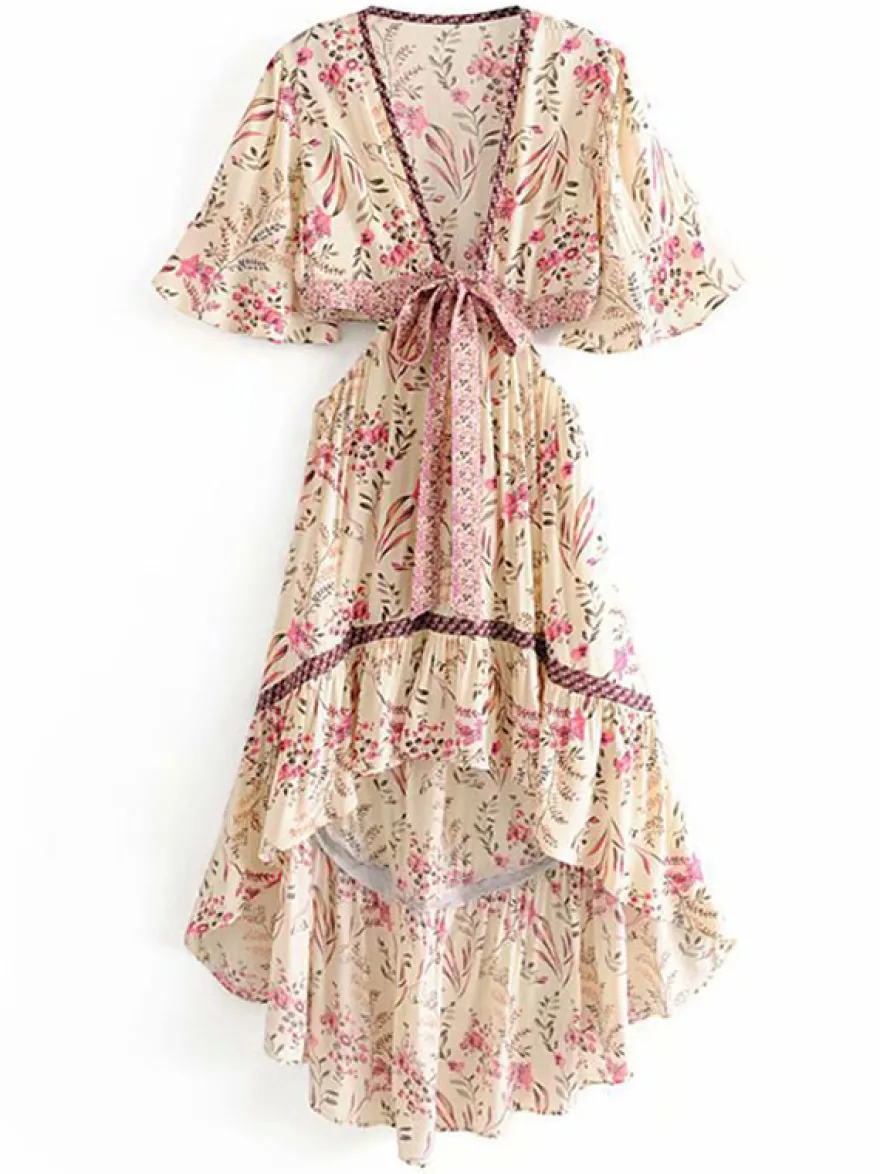 Robe longue bohème fleurie asymétrique pour femme - Rose crème découpes nœud sur le devant manches papillon - Été 2026