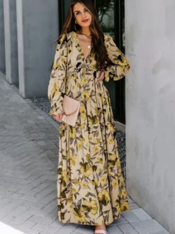 Robe longue bohème fleurie pour femme - Taille haute manches longues col en V à volants - Idéale pour un mariage printanier au jardin (2026)