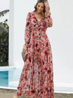 Robe longue bohème fleurie pour femme - Taille haute manches longues col en V à volants - Idéale pour un mariage printanier au jardin (2026)