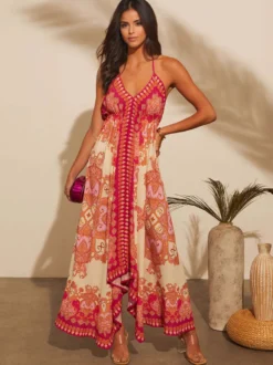 Robe longue bohème à imprimé cachemire pour femme - Robe longue fluide et ample à col halter imprimé ethnique - Idéale pour les vacances d'été tropicales 2026
